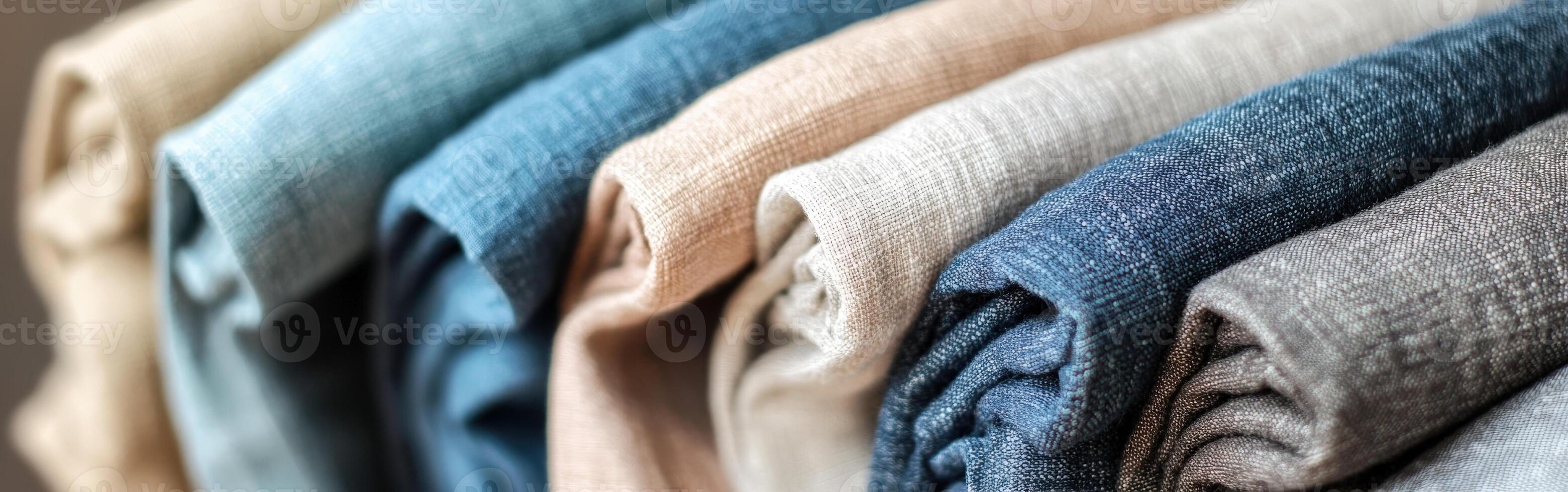 Linen fabric rolls in various shades on display photo