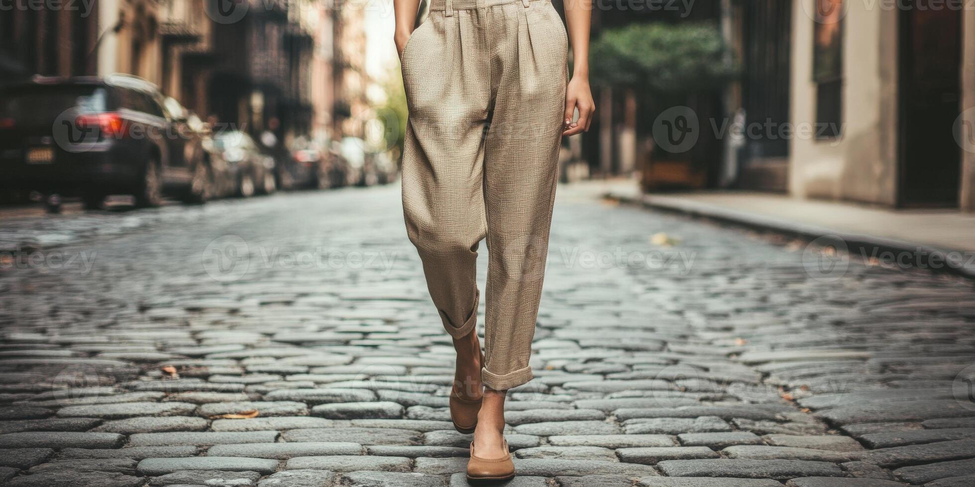 A woman in a beige top and pants walking down a cobblestone street photo