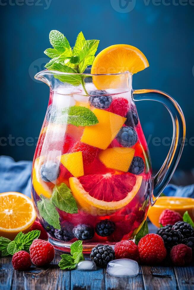 Refreshing summer drink with various fruits and mint in a glass pitcher on a wooden table photo