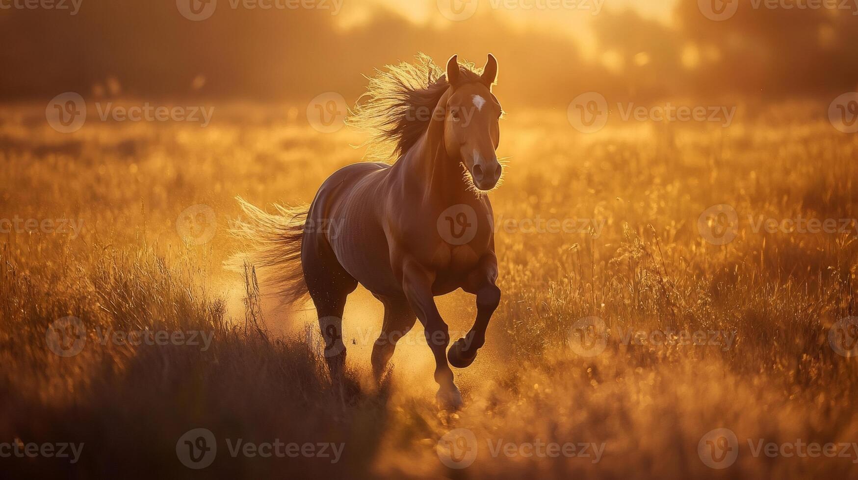 Majestic horse running in golden meadow at sunset photo