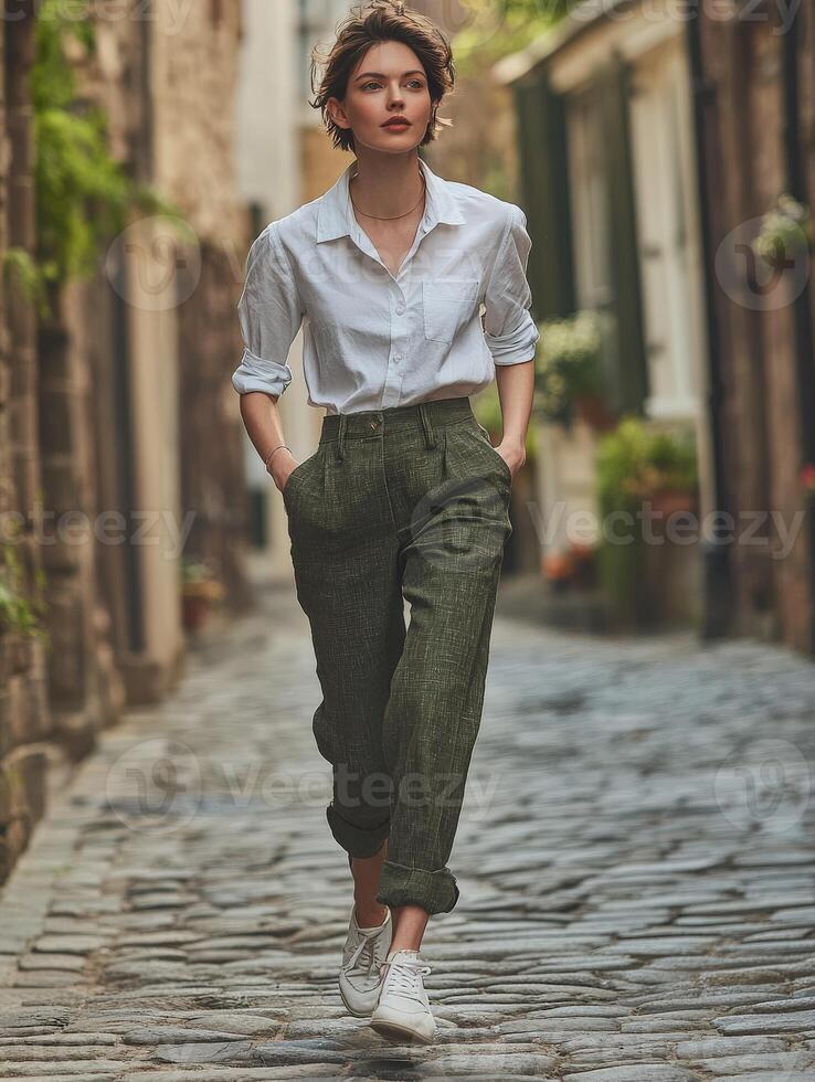 A woman in white shirt and green pants walking down a cobblestone street photo