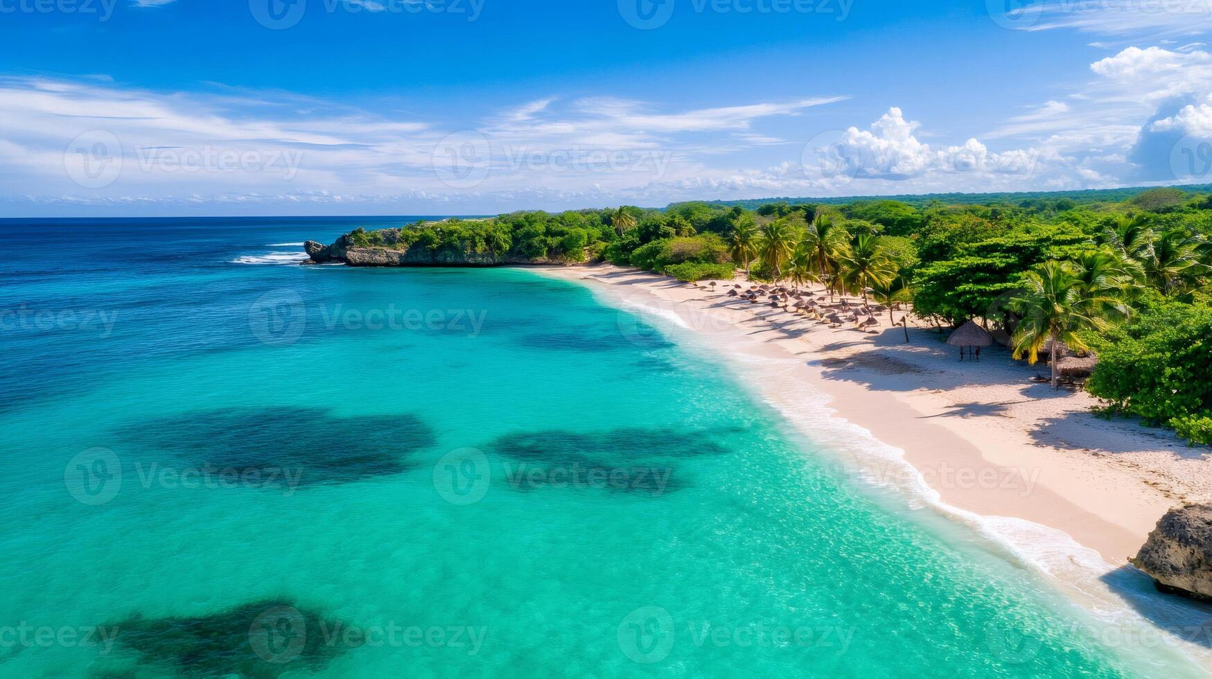 Turquoise water surrounding tropical island beach with palm trees and white sand in dominican republic photo