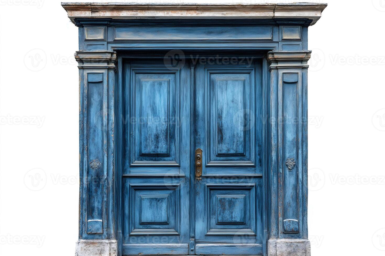 Elegant blue weathered wooden door with stone frame isolated on white photo