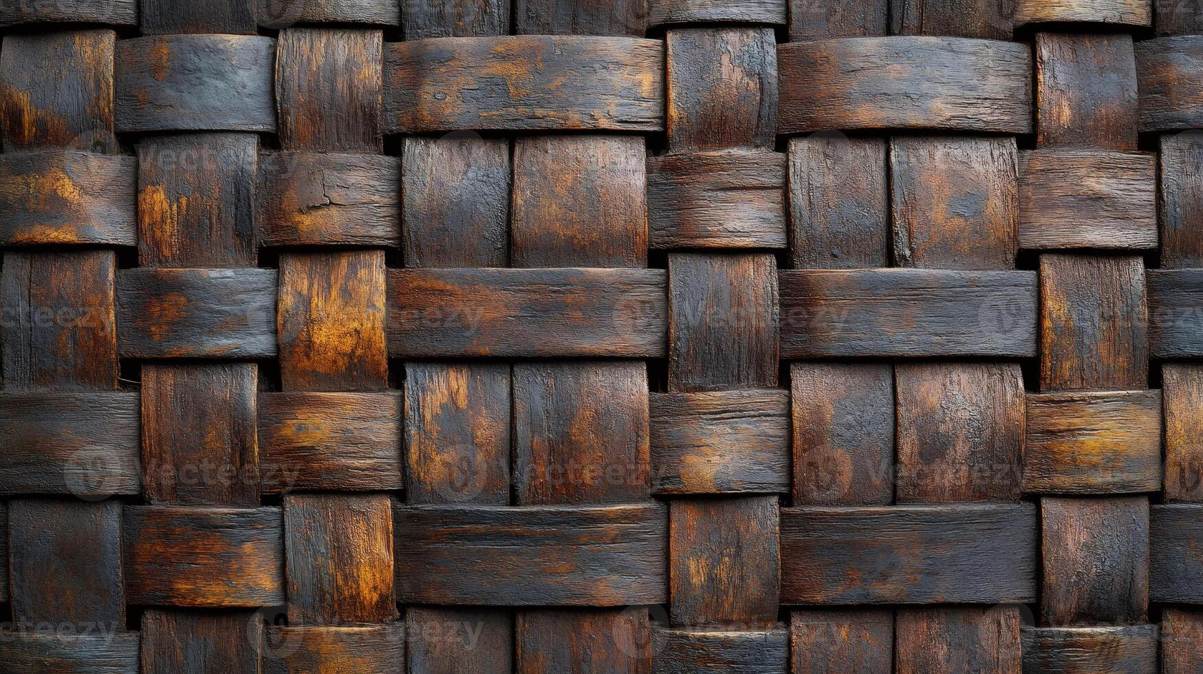 Interwoven dark brown wooden strips creating rustic basket texture photo