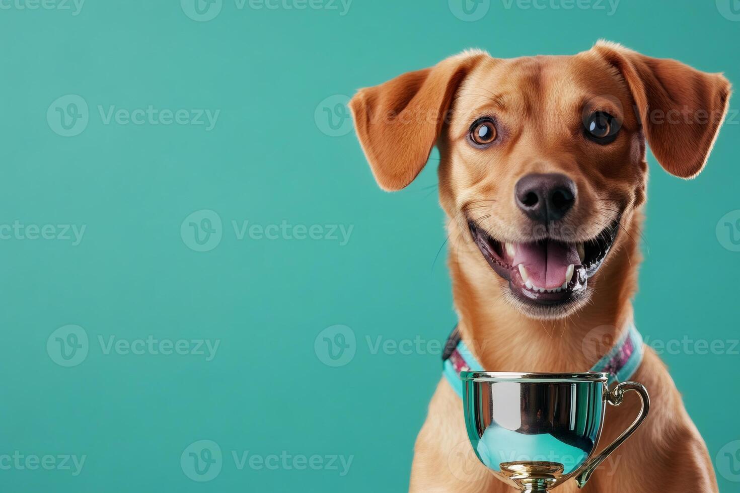 Happy dog holding silver trophy winning award on turquoise background photo