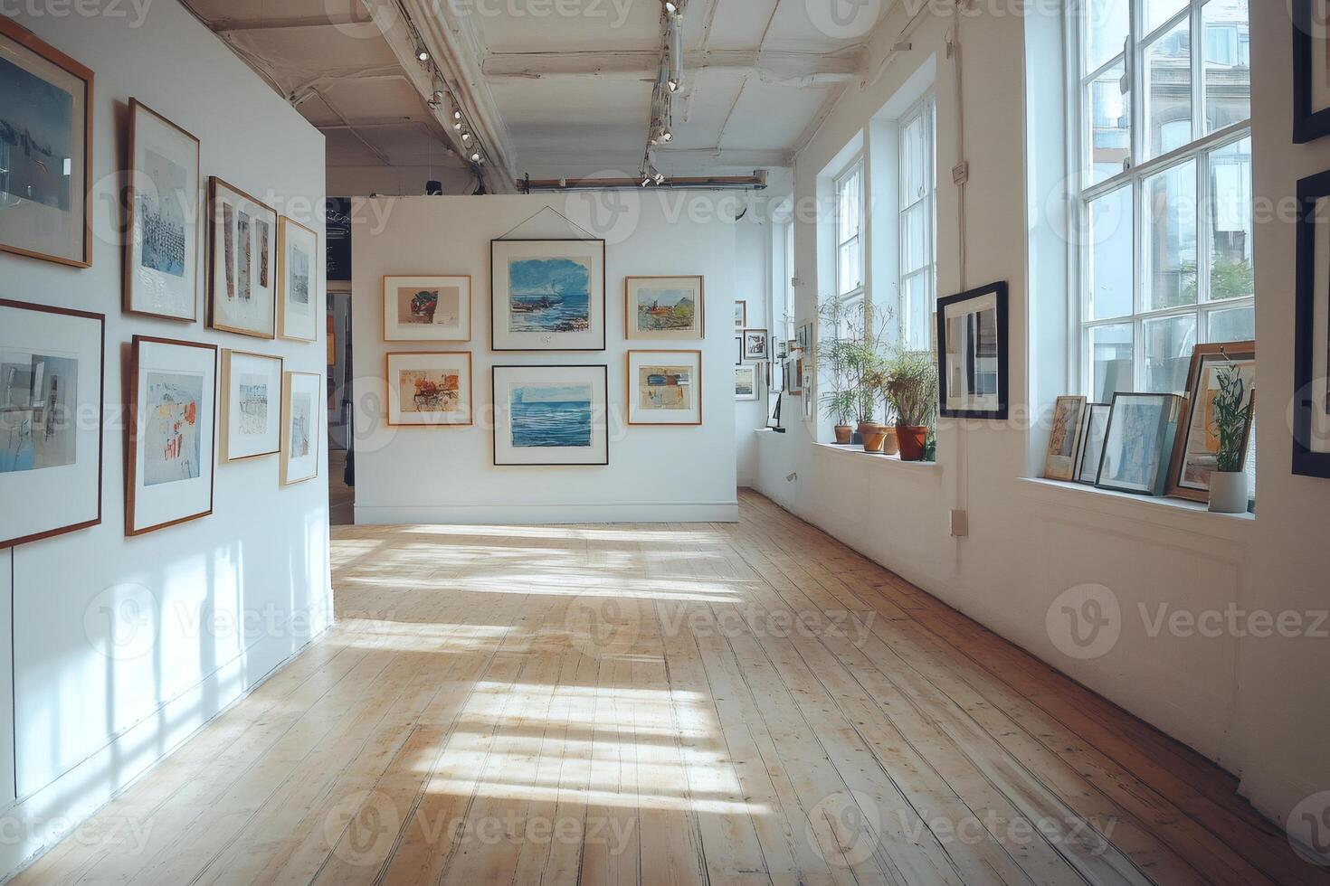 Art gallery interior displaying paintings and drawings with natural light photo