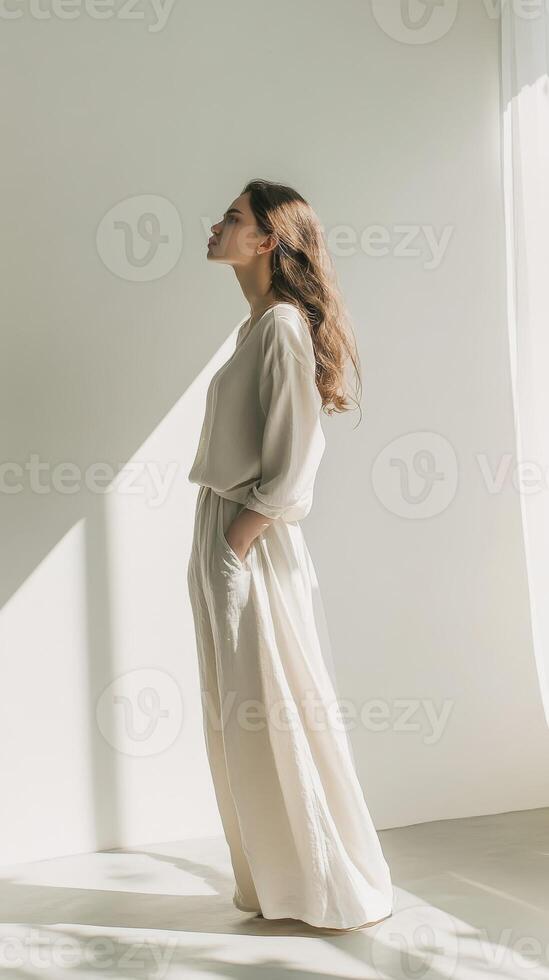 A woman in a white dress standing in front of a window photo