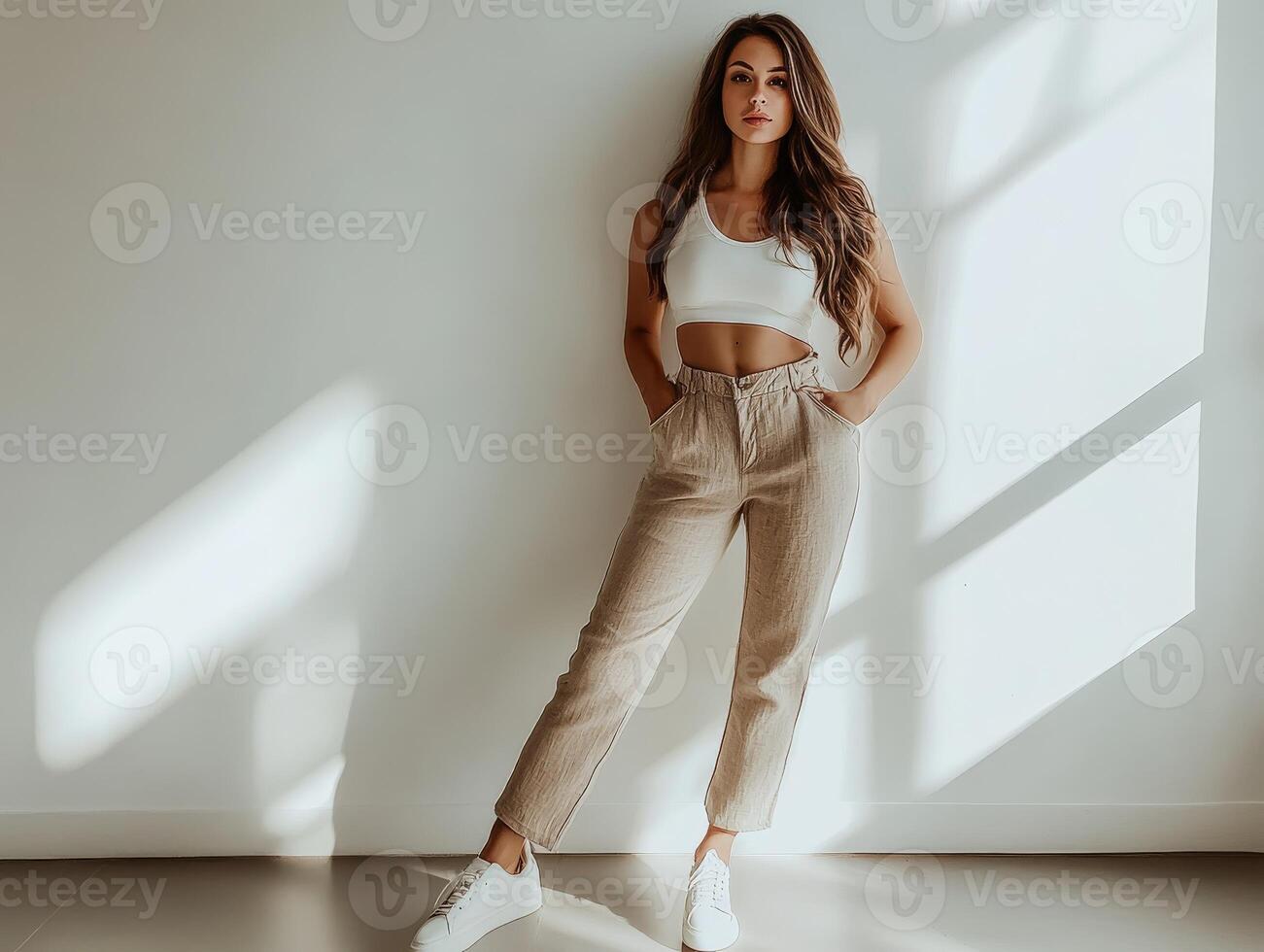 Woman in white crop top and beige pants photo
