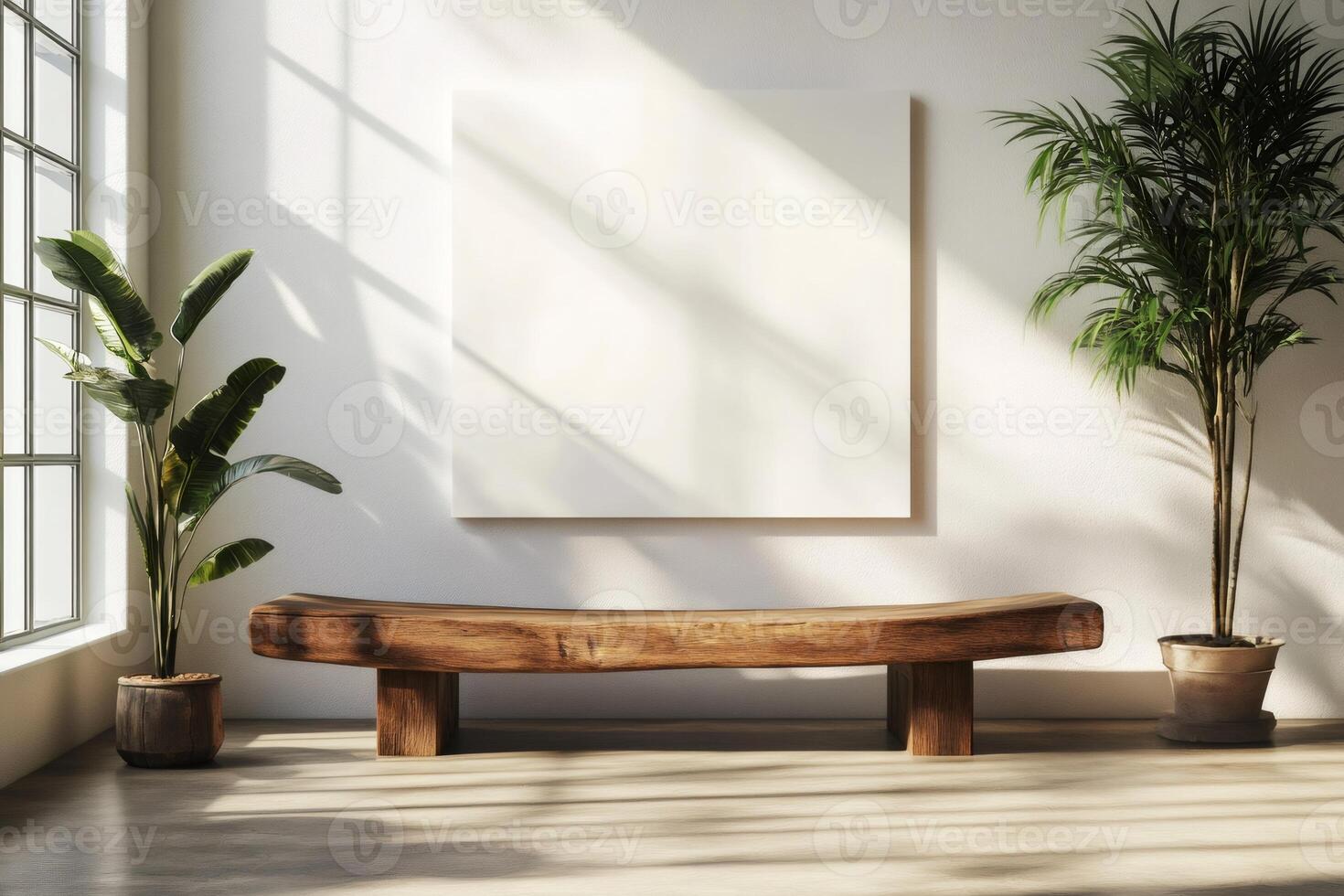 Sunlight illuminating empty frame with wooden bench and plants in modern room photo