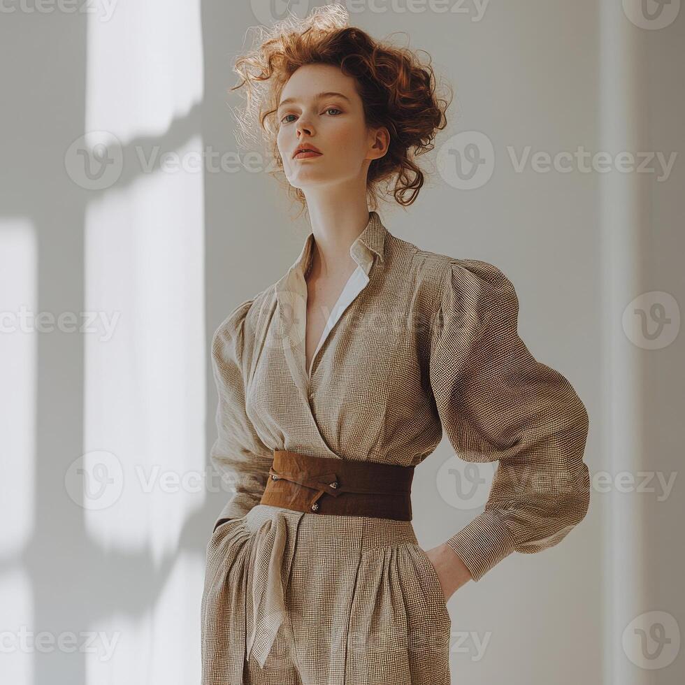 A woman in a tan dress and belt photo