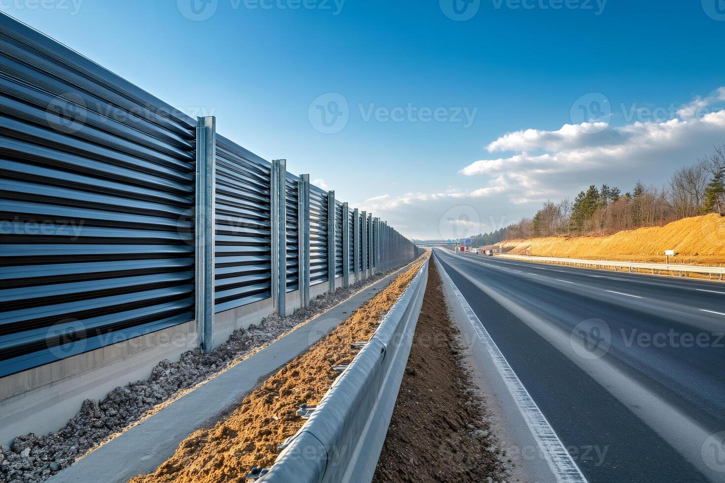 Noise barriers reducing traffic noise pollution on highway road photo