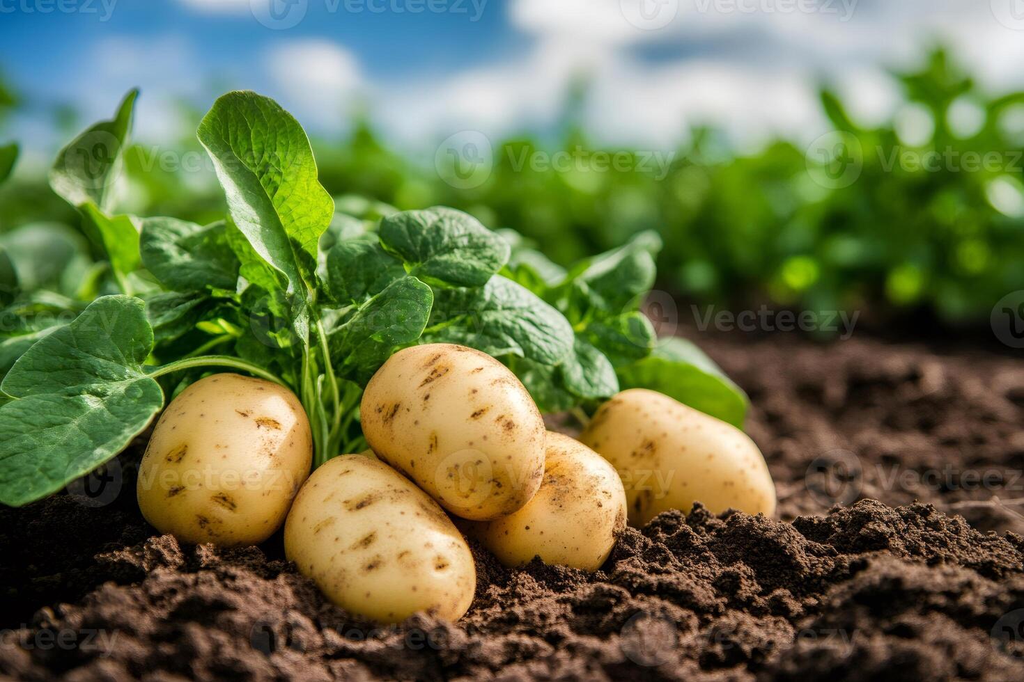 Plant of potatoes growing in a field with dark soil photo