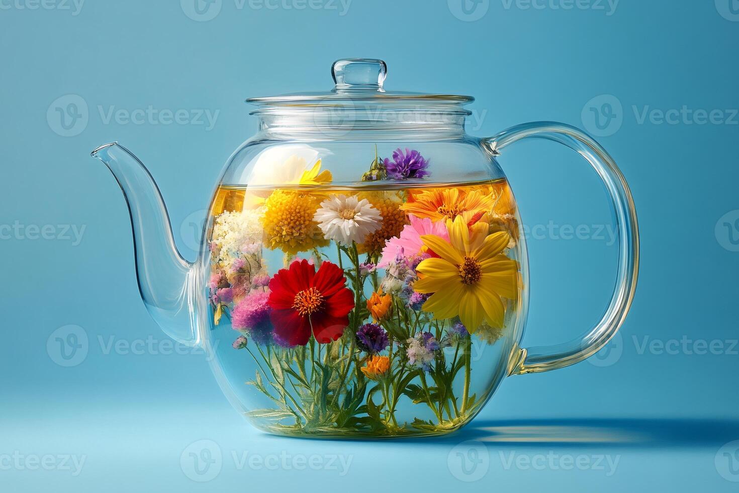 Glass teapot filled with blooming flowers infusing herbal tea photo