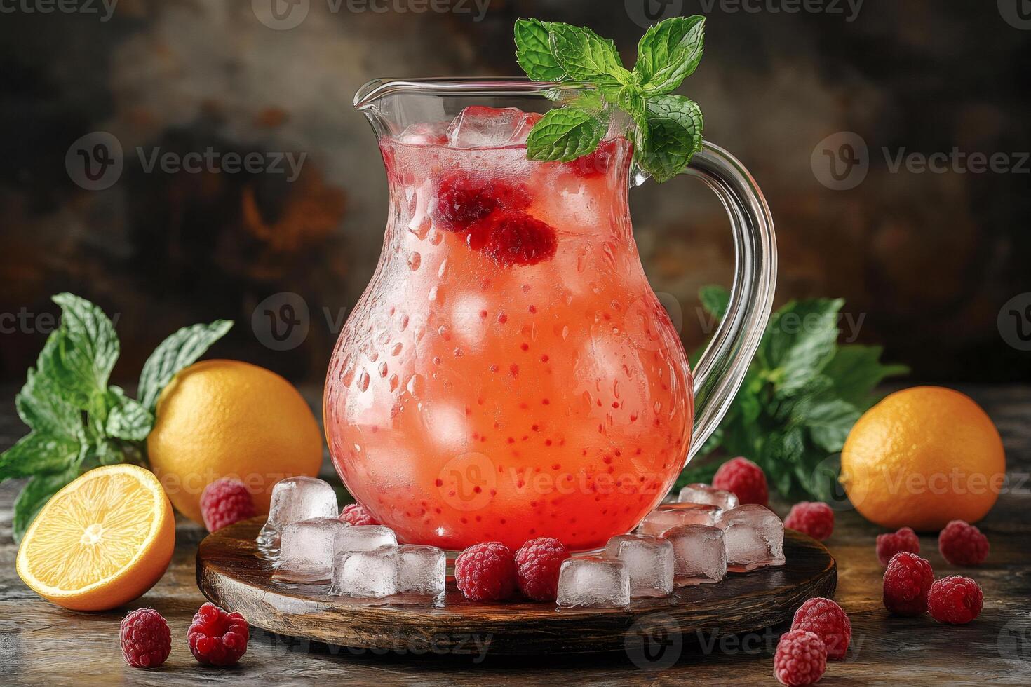 Refreshing raspberry lemonade with ice cubes, mint, and oranges on wooden table photo