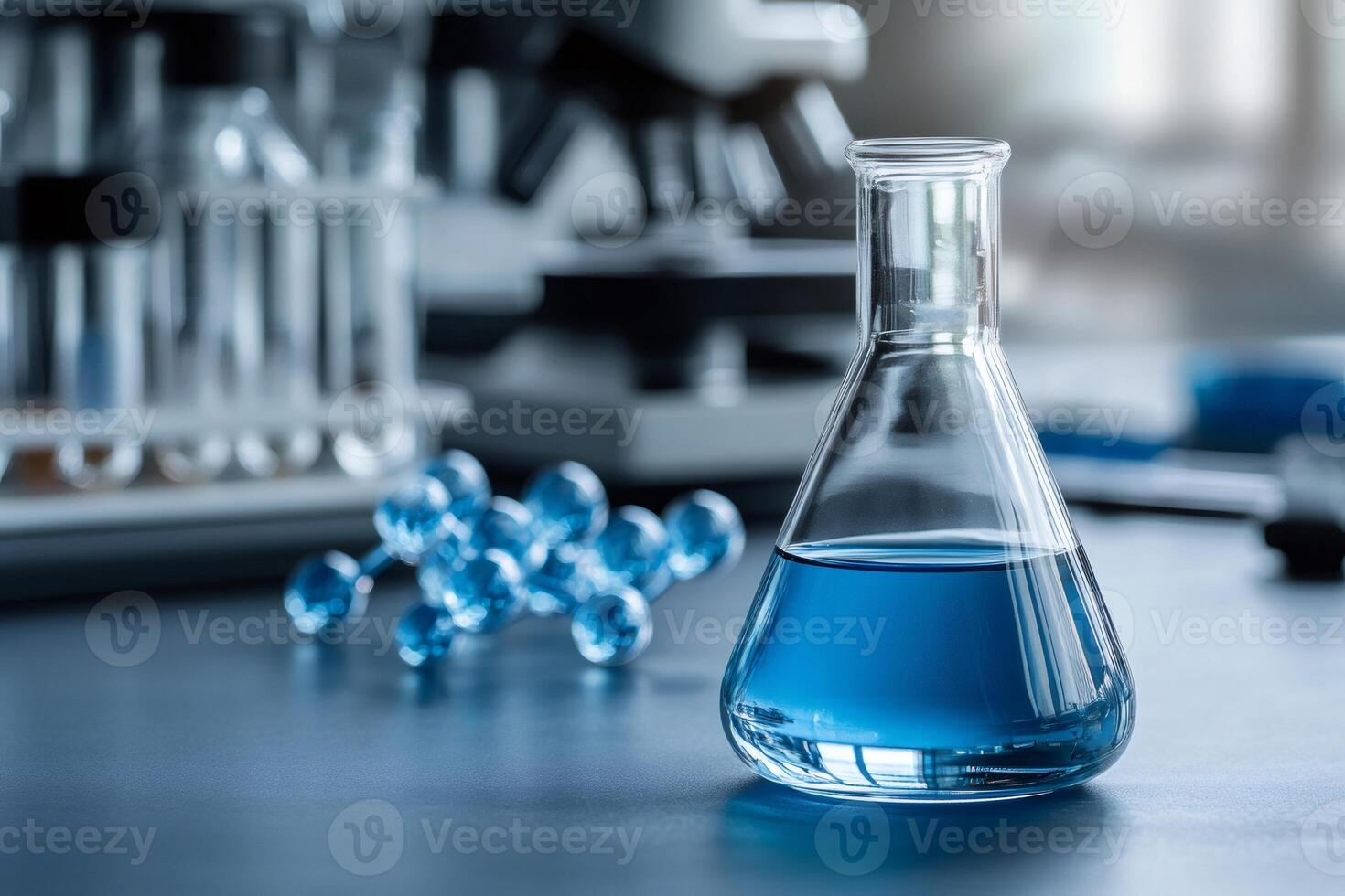 Erlenmeyer flask containing blue liquid stands on laboratory table photo