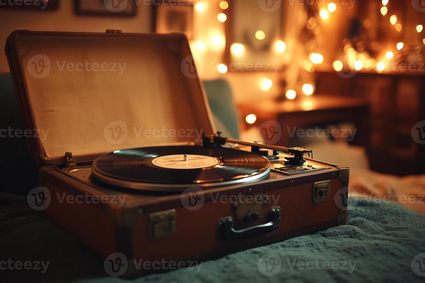 Vintage record player playing vinyl record in cozy room. . photo