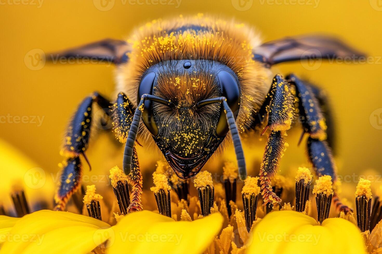 Honey bee covered in pollen collecting nectar from sunflower photo