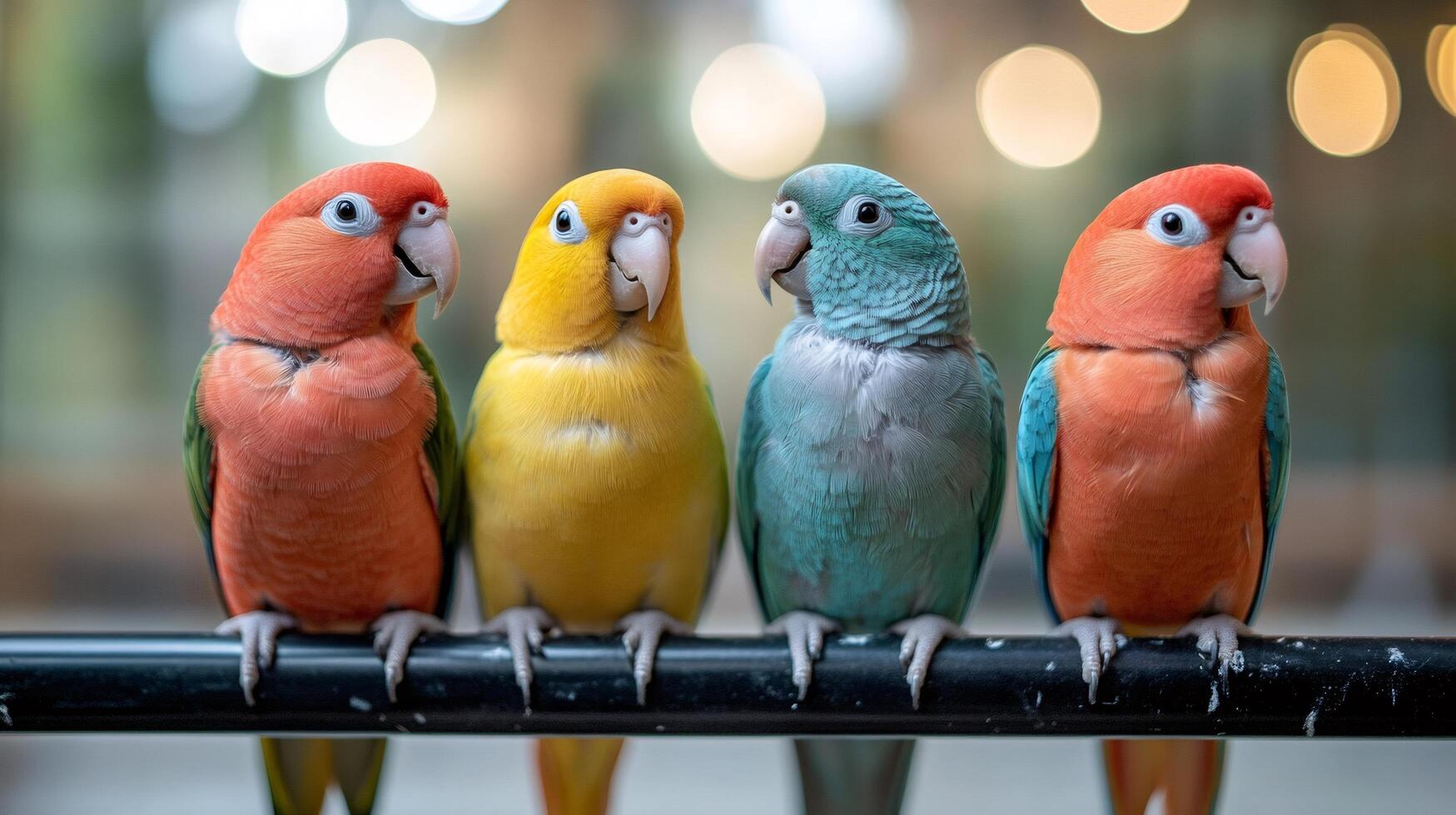 Four colorful parrots perching on a branch .. photo