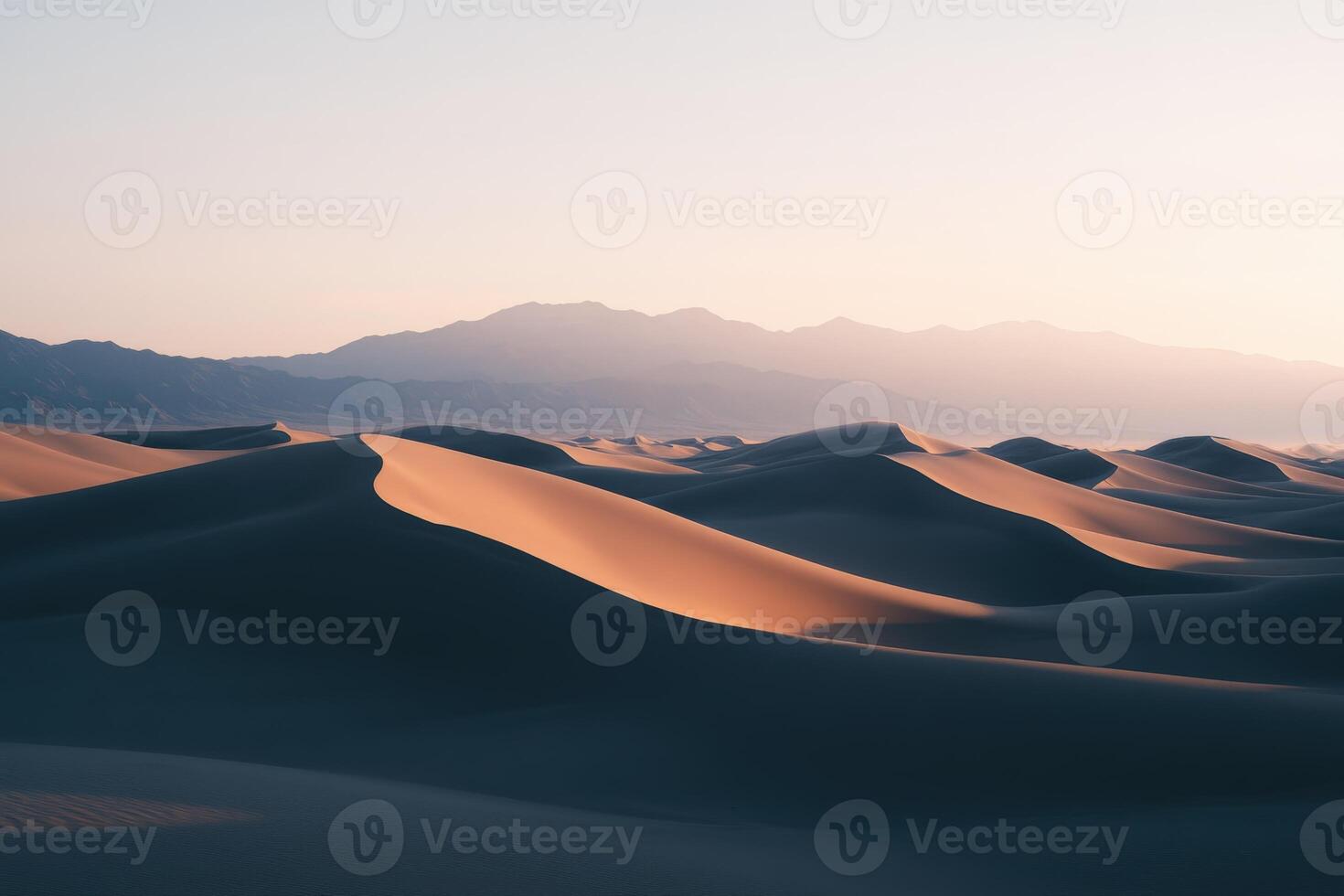 A desert with sand dunes and mountains in the background photo