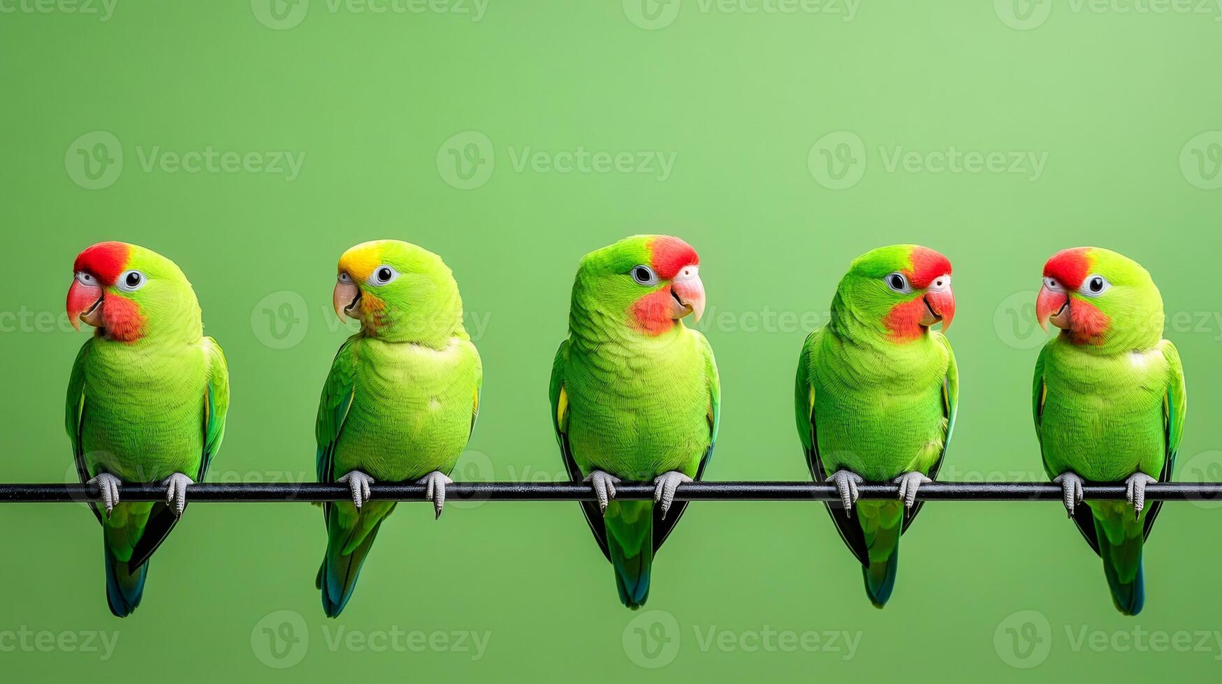 Five colorful parrots perching on a branch on green background photo