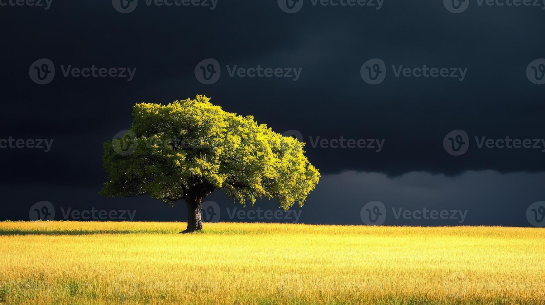 A lone tree in a field with dark clouds in the background photo