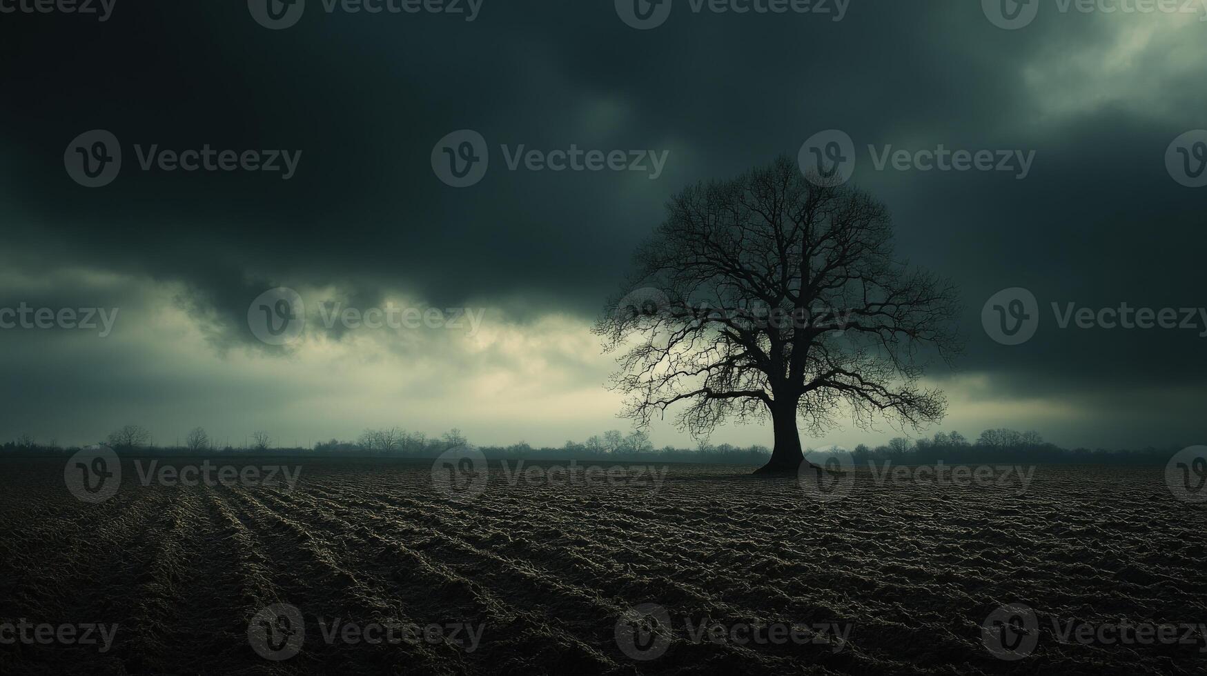 A lone tree stands in a field under a dark sky photo