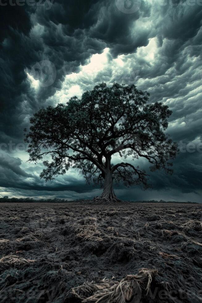 A tree stands alone in a field under a stormy sky photo