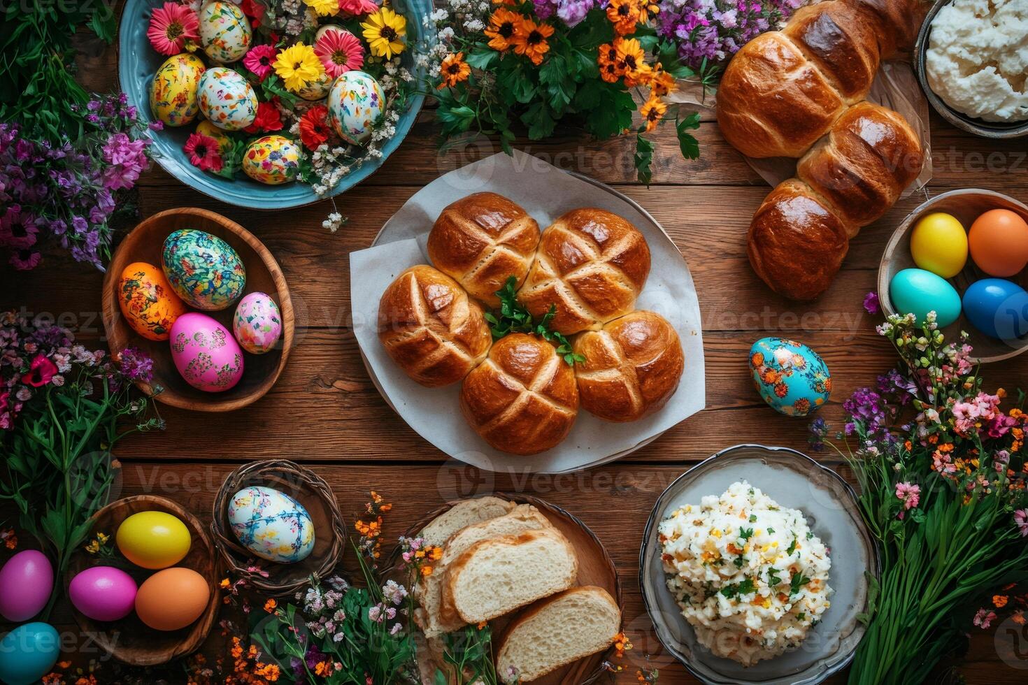 Easter buns, colorful eggs and spring flowers decorating a festive table photo