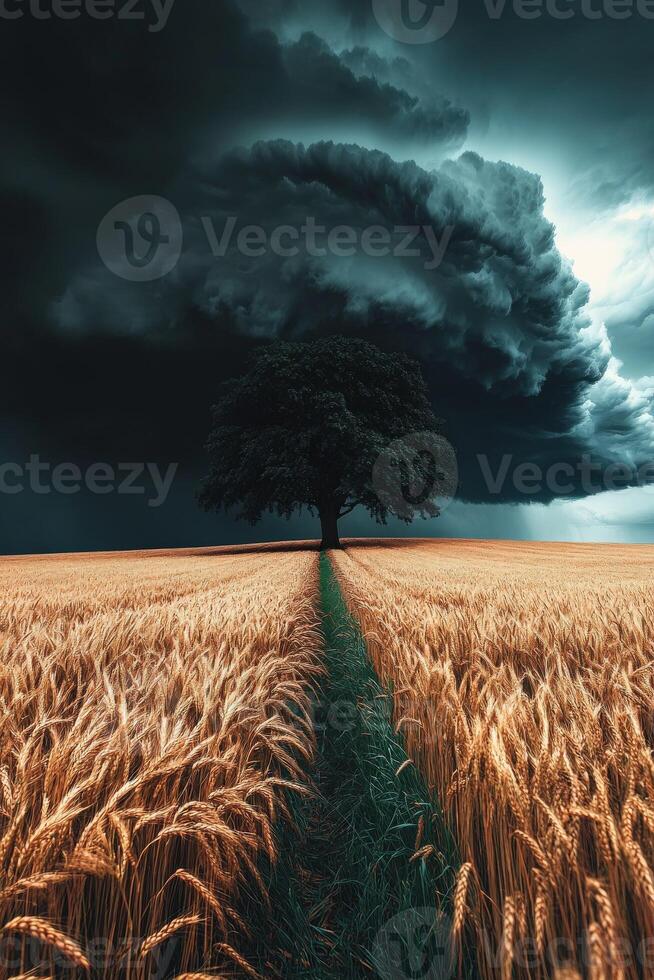 Oak tree standing strong in golden wheat field beneath dark storm clouds photo
