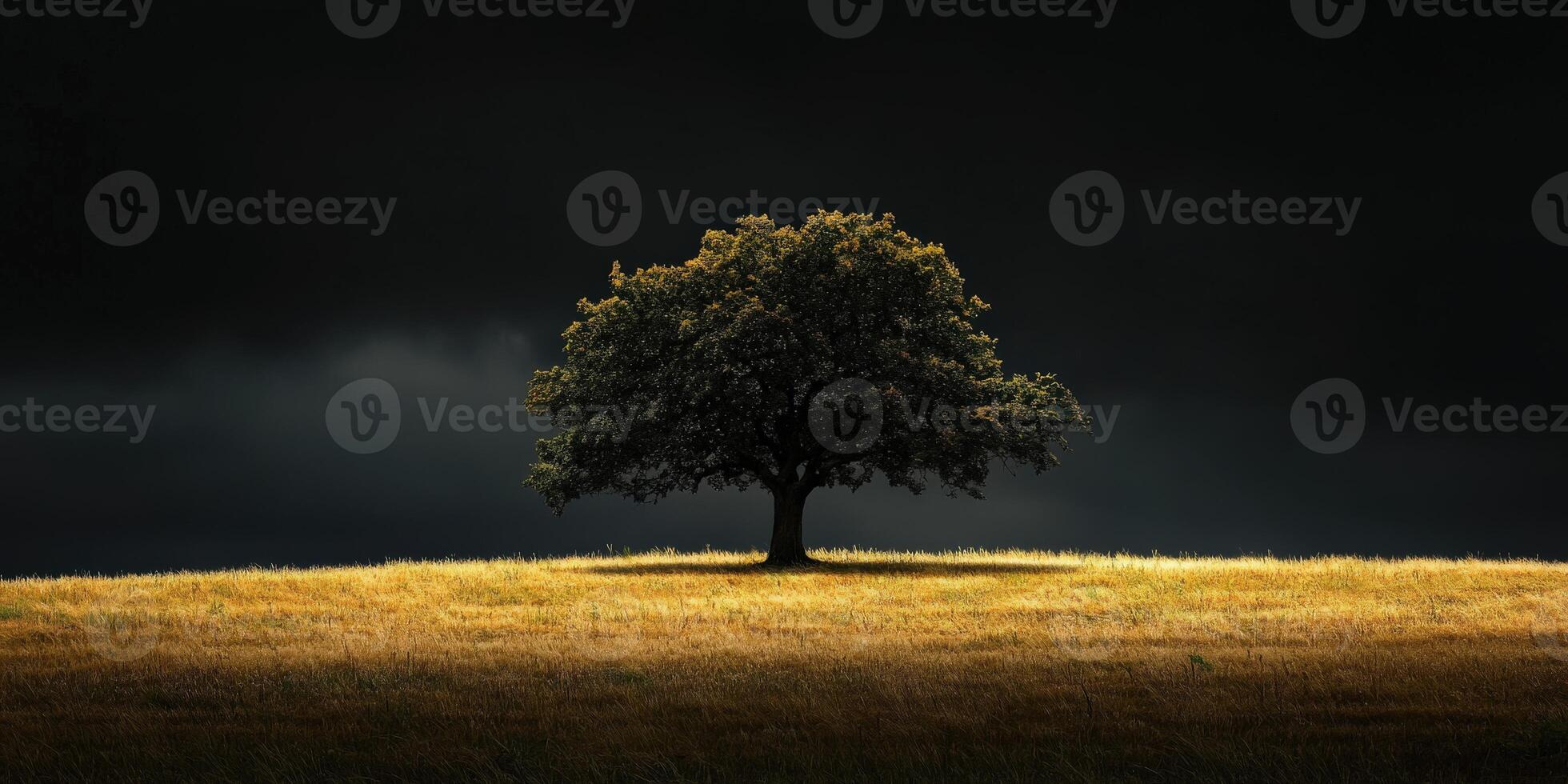 Majestic oak tree standing alone in a sunlit grassy field under dark clouds photo