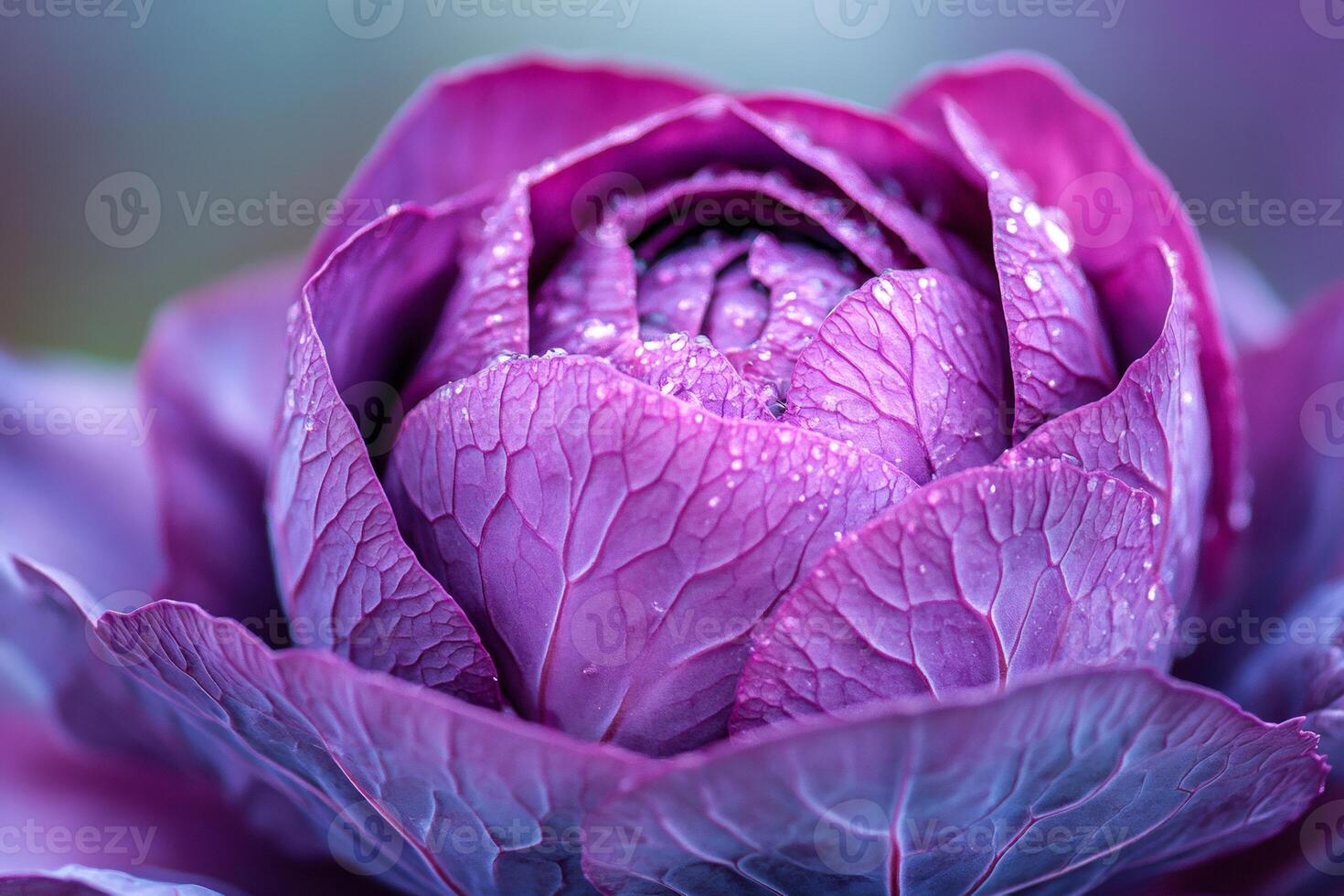 Close up of decorative cabbage showing intricate veins and water droplets photo