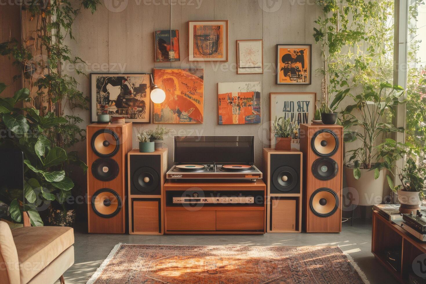 Living room with vintage hi fi stereo system playing music and abstract art on the wall photo