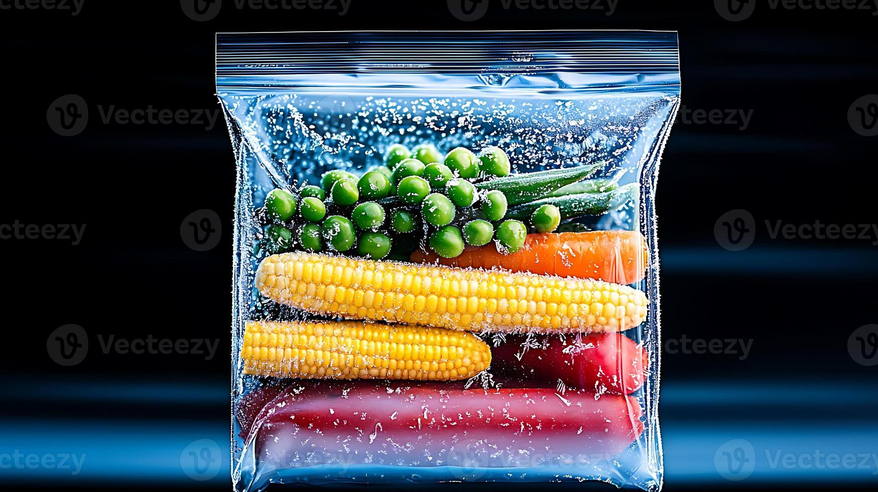 Colorful assortment of fresh vegetables in a sealed bag, with a blurred blue background photo