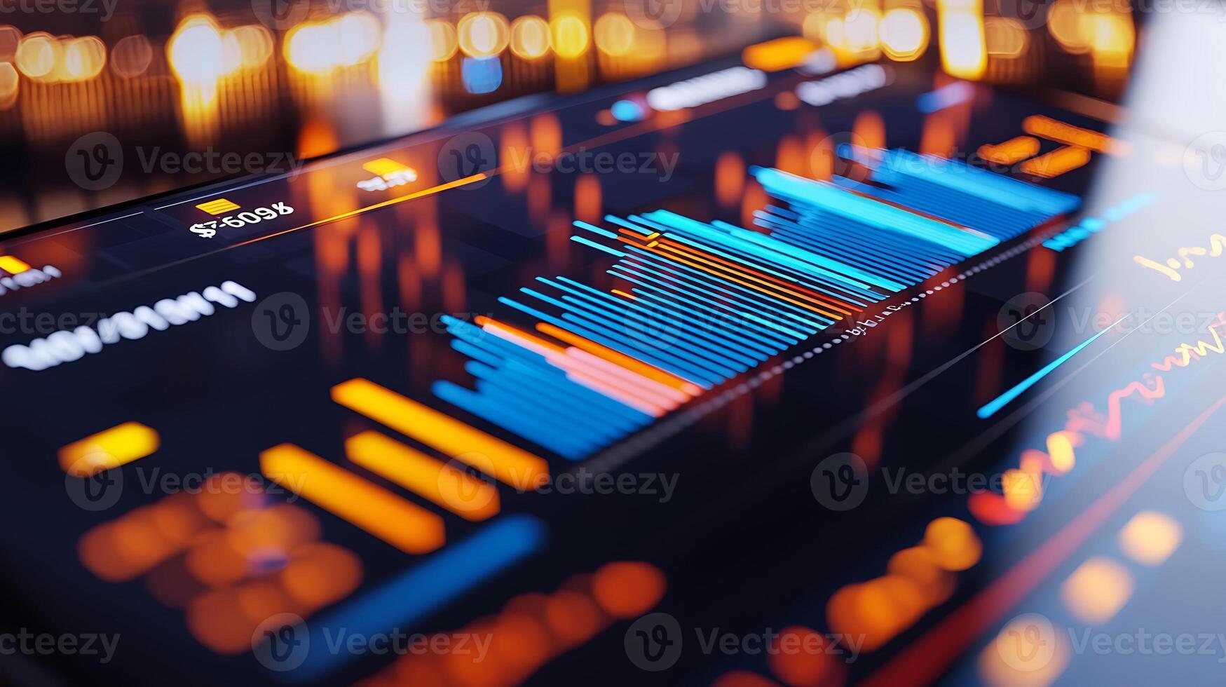 Colorful data visualization displaying market trends on a digital screen with blurred lights photo