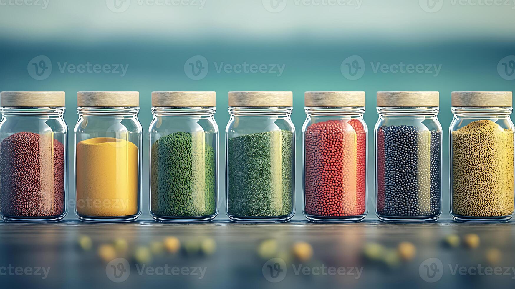 Colorful jars filled with various spices arranged on a wooden surface near a tranquil beach photo