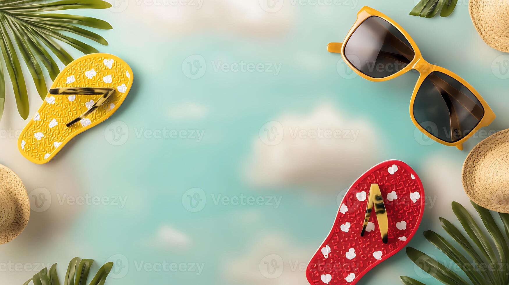 Colorful flip-flops and sunglasses arranged on a tropical background with palm leaves photo