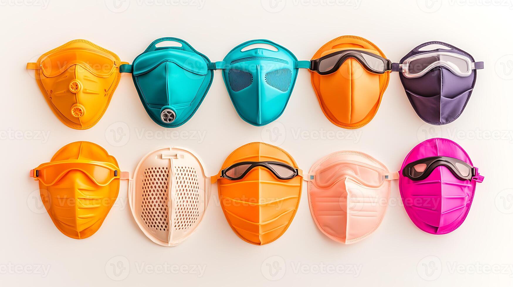 Colorful collection of protective face masks displayed in a row against a white background photo