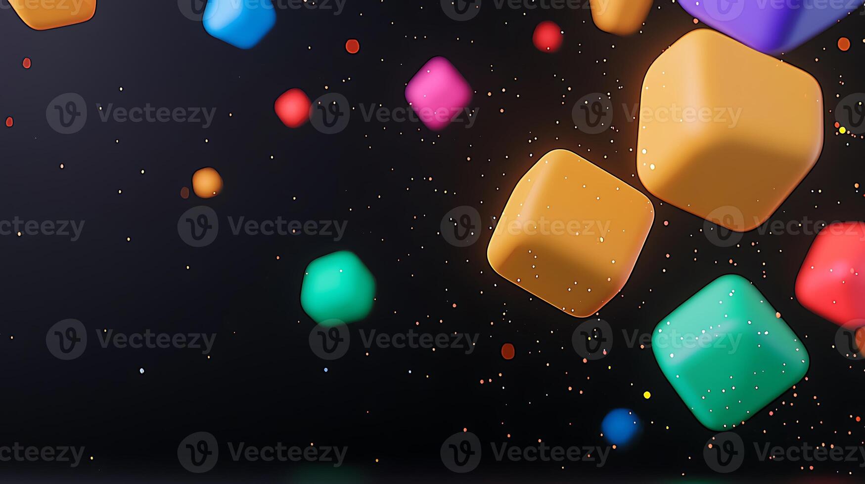 Colorful 3D geometric shapes floating against a dark background with sparkling effects photo