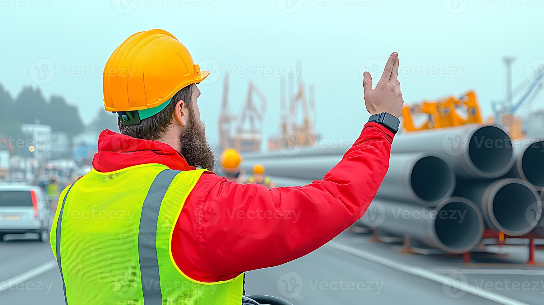 Construction worker directing traffic near industrial site with pipes and cranes in background photo