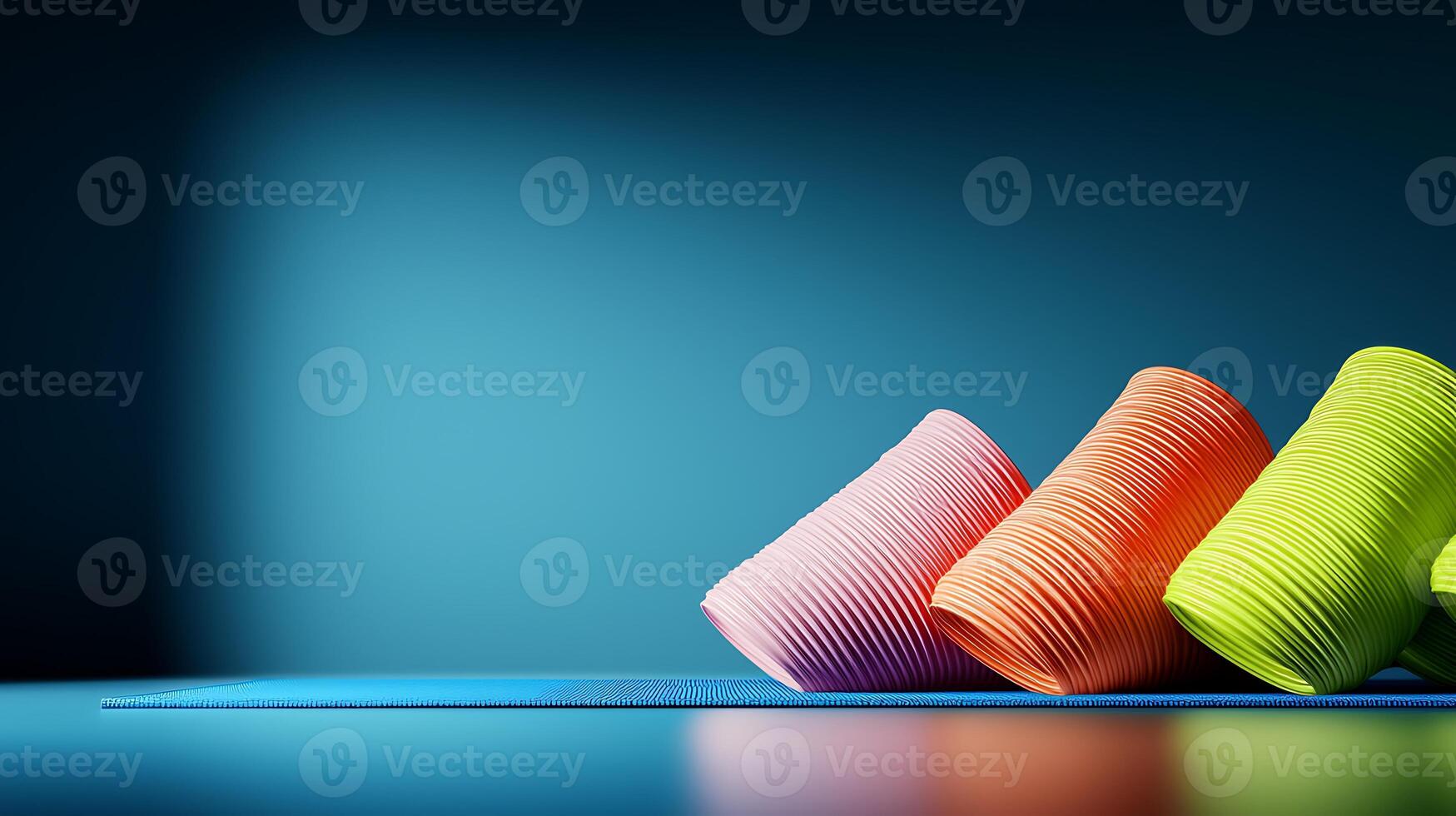 Colorful stacked cups on a blue surface with a soft gradient background creating a vibrant scene photo