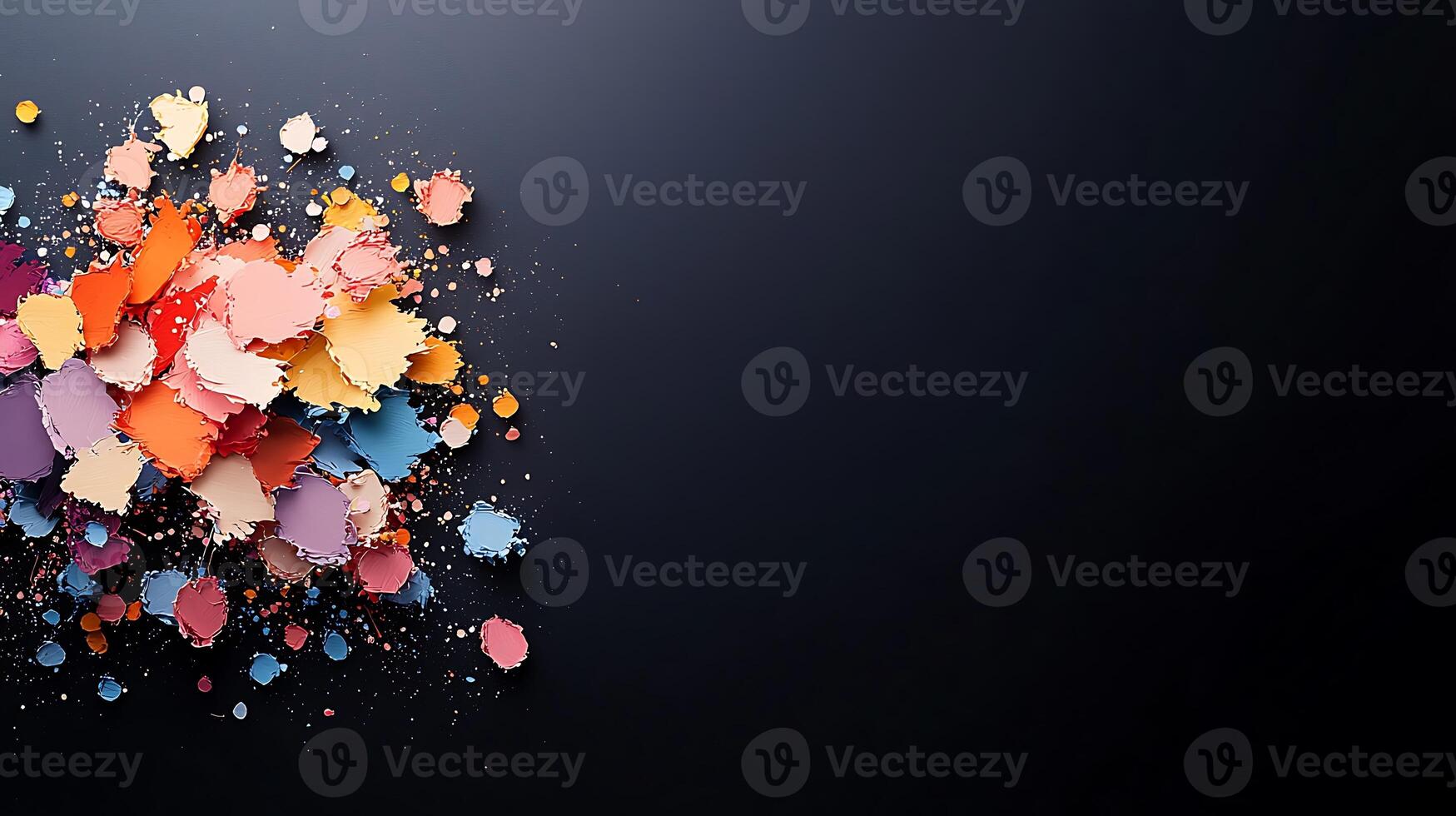 Colorful fragments of paper scattered against a dark background, creating a vibrant artistic display photo