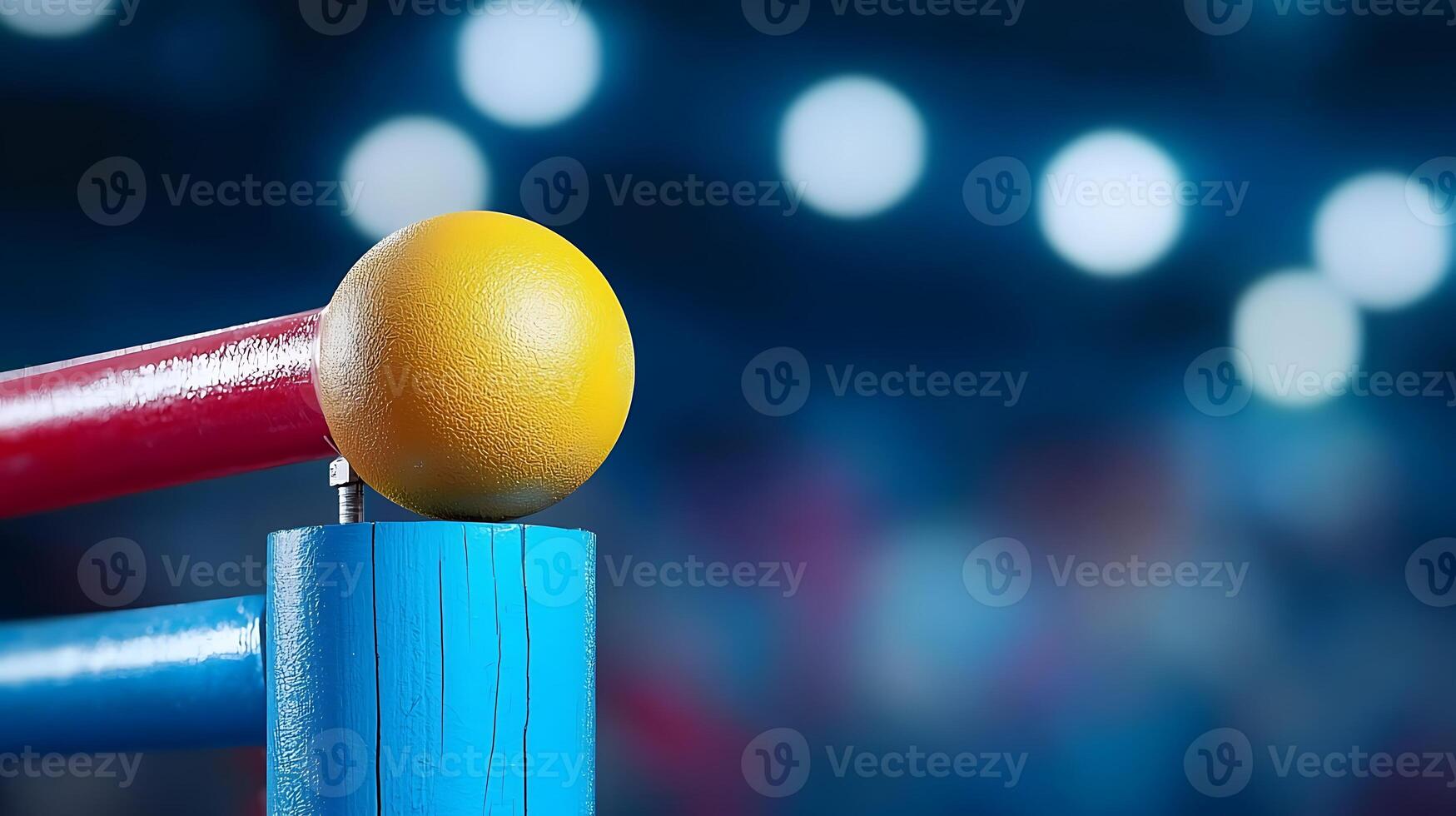 Colorful boxing ring corner with a yellow ball atop a blue post, blurred crowd in background photo
