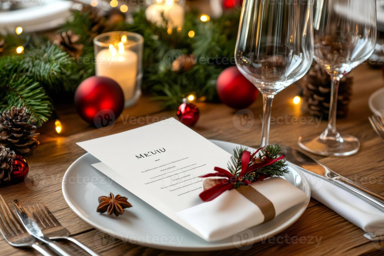 Christmas menu decorated with festive ribbon and pine twig on table setting photo
