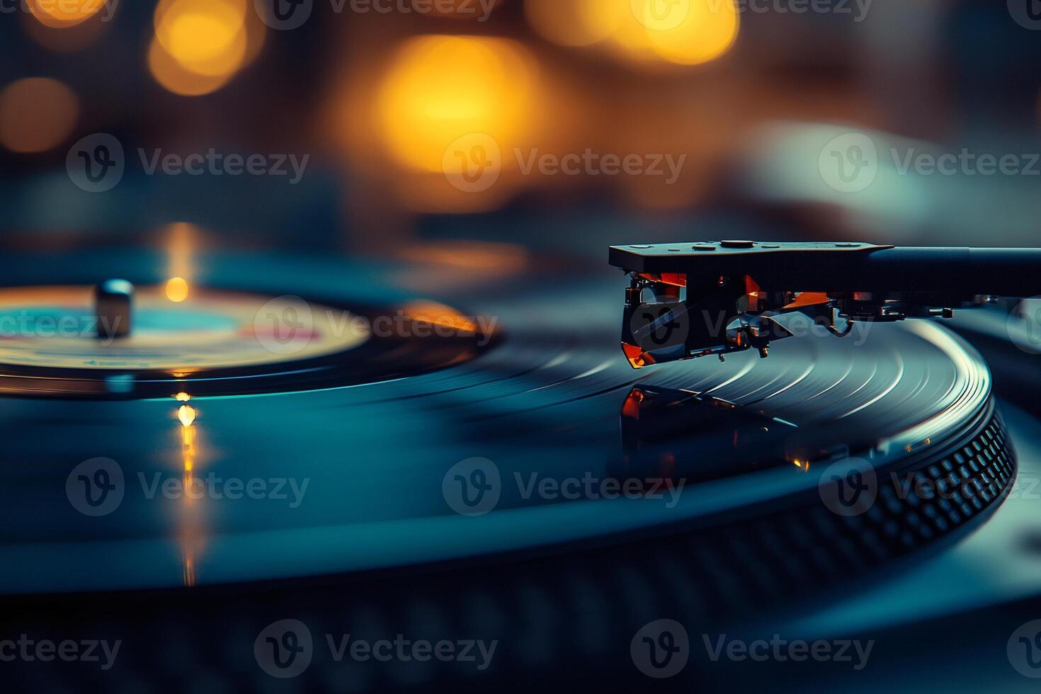 Turntable playing vinyl record with blurred lights in background photo