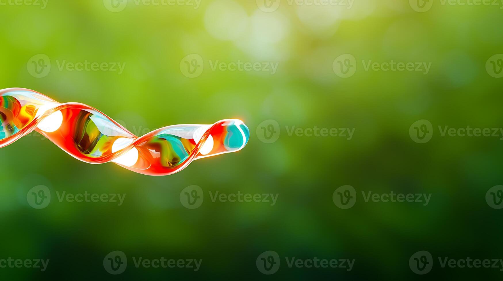 Colorful DNA strand floating in a vibrant green background, symbolizing life and science photo
