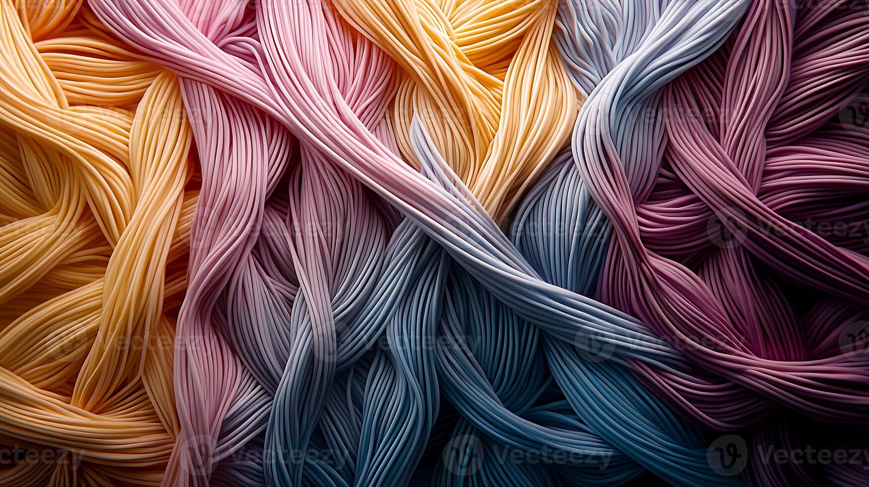 Colorful woven strands of fabric create a vibrant texture, showcasing intricate patterns and hues photo