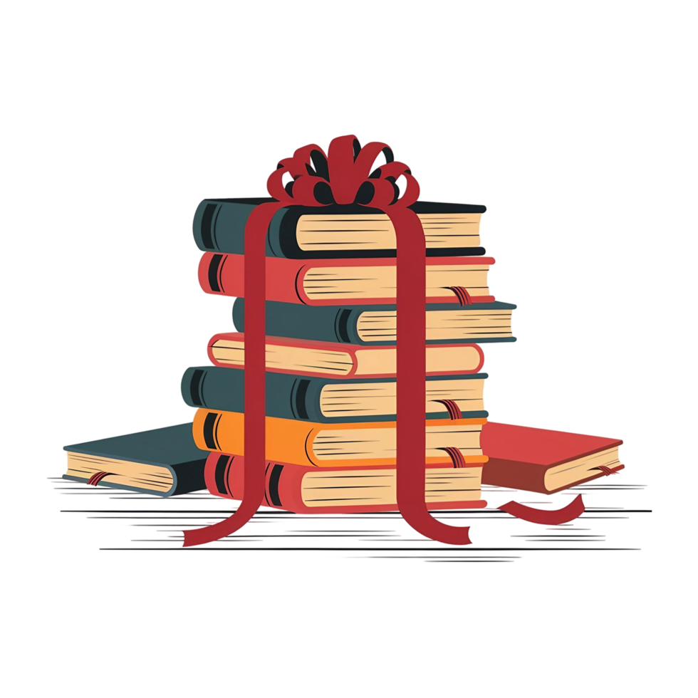 illustration of a pile of books with a red ribbon png