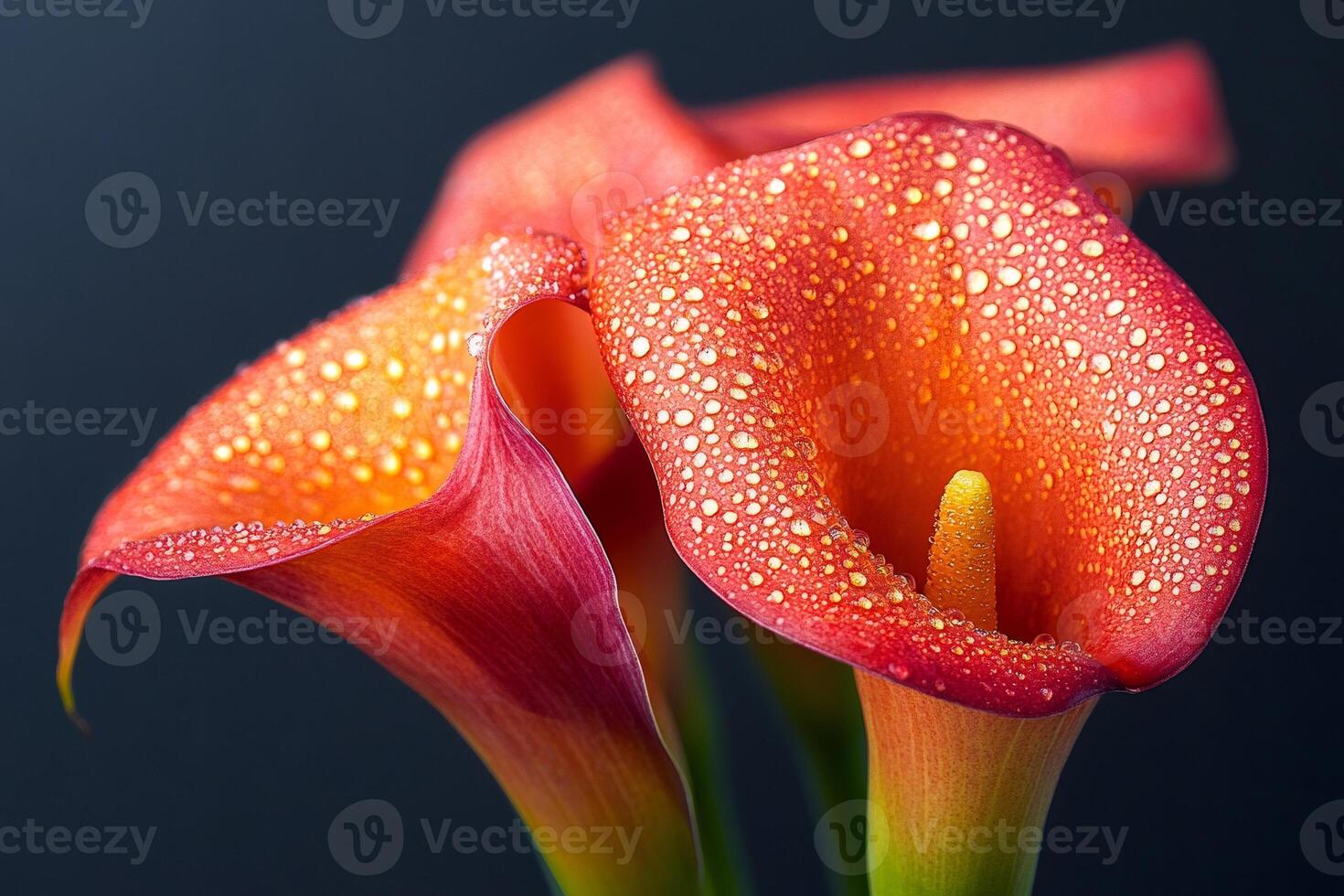 Vibrant calla lilies showing off their dew kissed petals on dark background photo