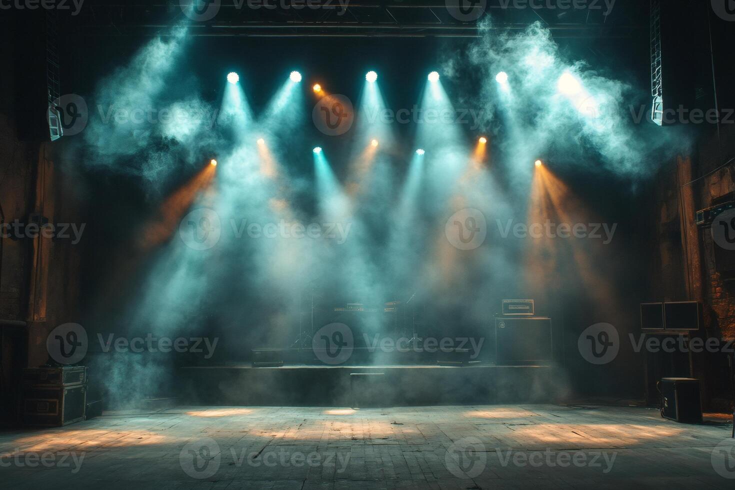 Empty stage illuminated by colorful spotlights and filled with smoke photo