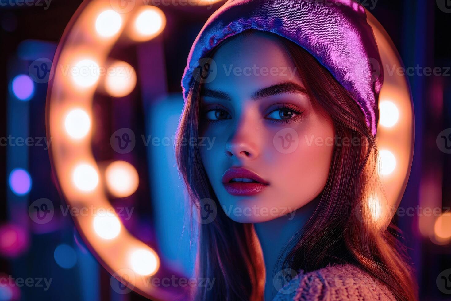 Beautiful girl with purple hat and light bulbs photo